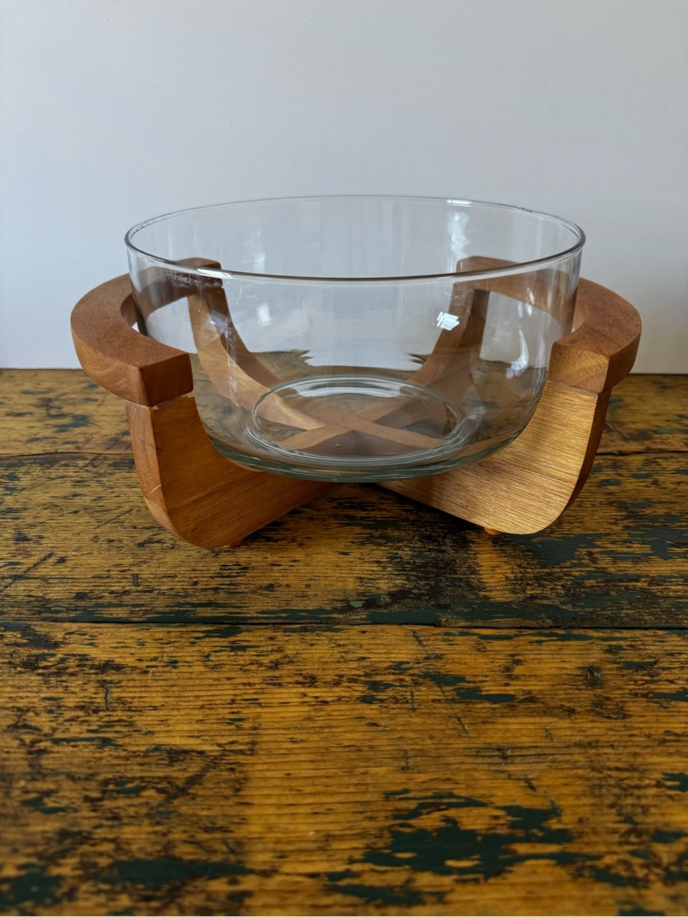 Glass Serving Bowl with Wooden Stand - Brown & Clear